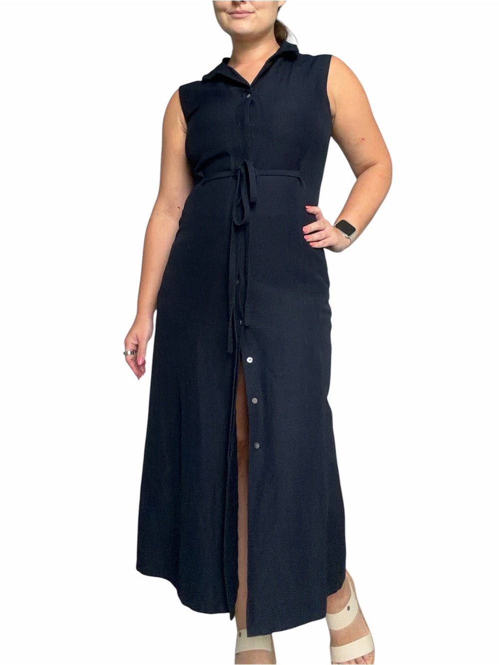 Vintage Sleeveless Linen Navy Collared Button Down Maxi Dress Size 6